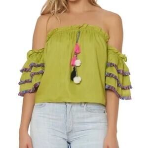 Red Carter Koral Off The Shoulder Top Womens Medium Green Tassel Fringe NWT